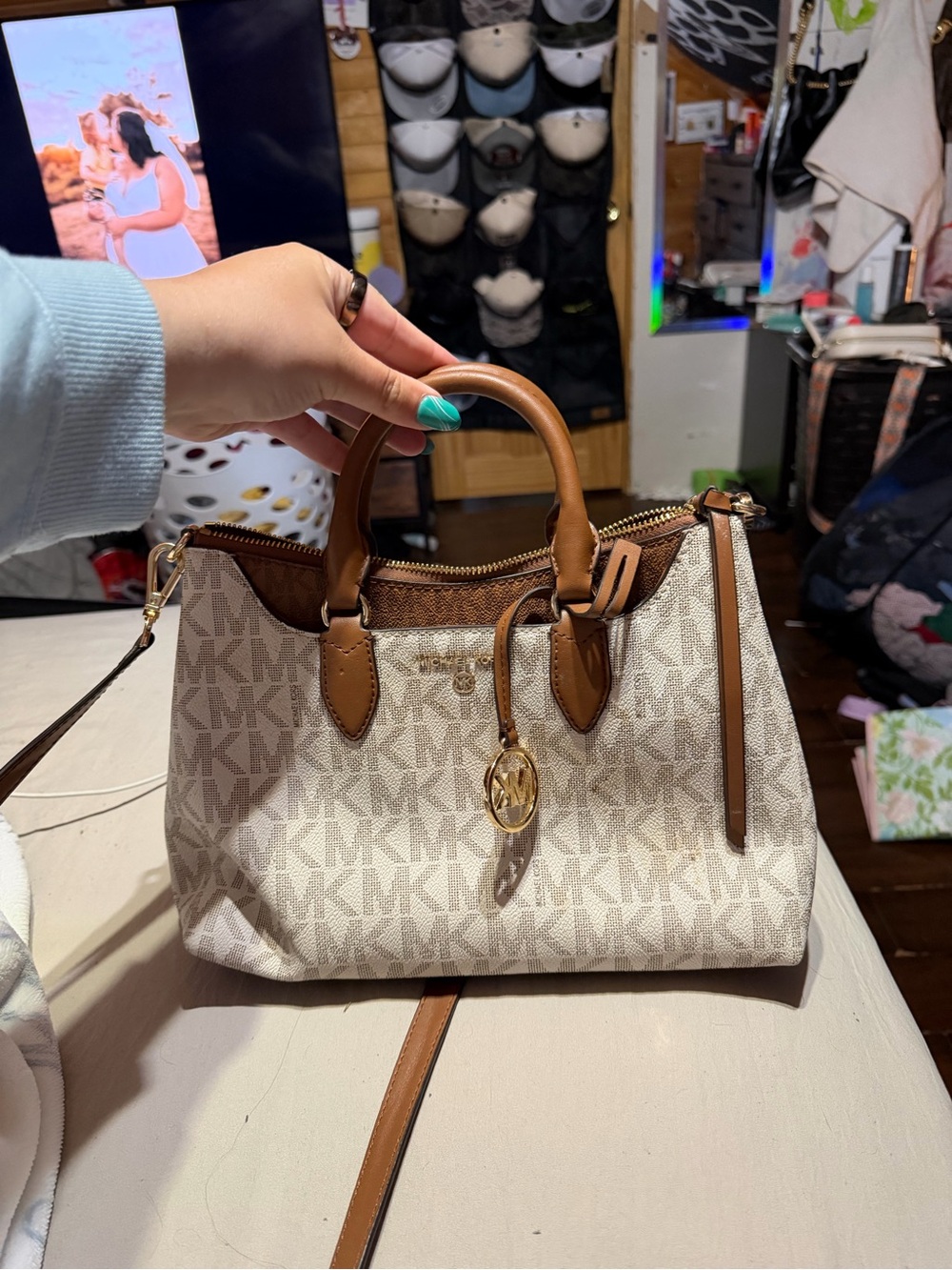 Michael Kors Beige Signature Logo Satchel with Chestnut Trim